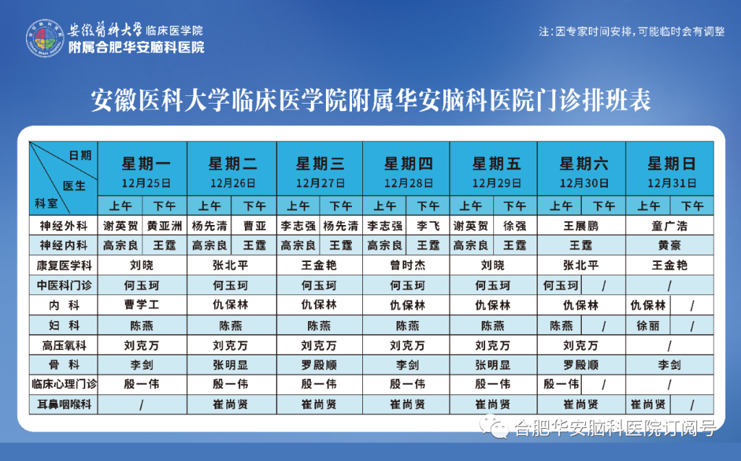 【专家门诊】华安脑科医院2023年12月25日—12月31日门诊排班表